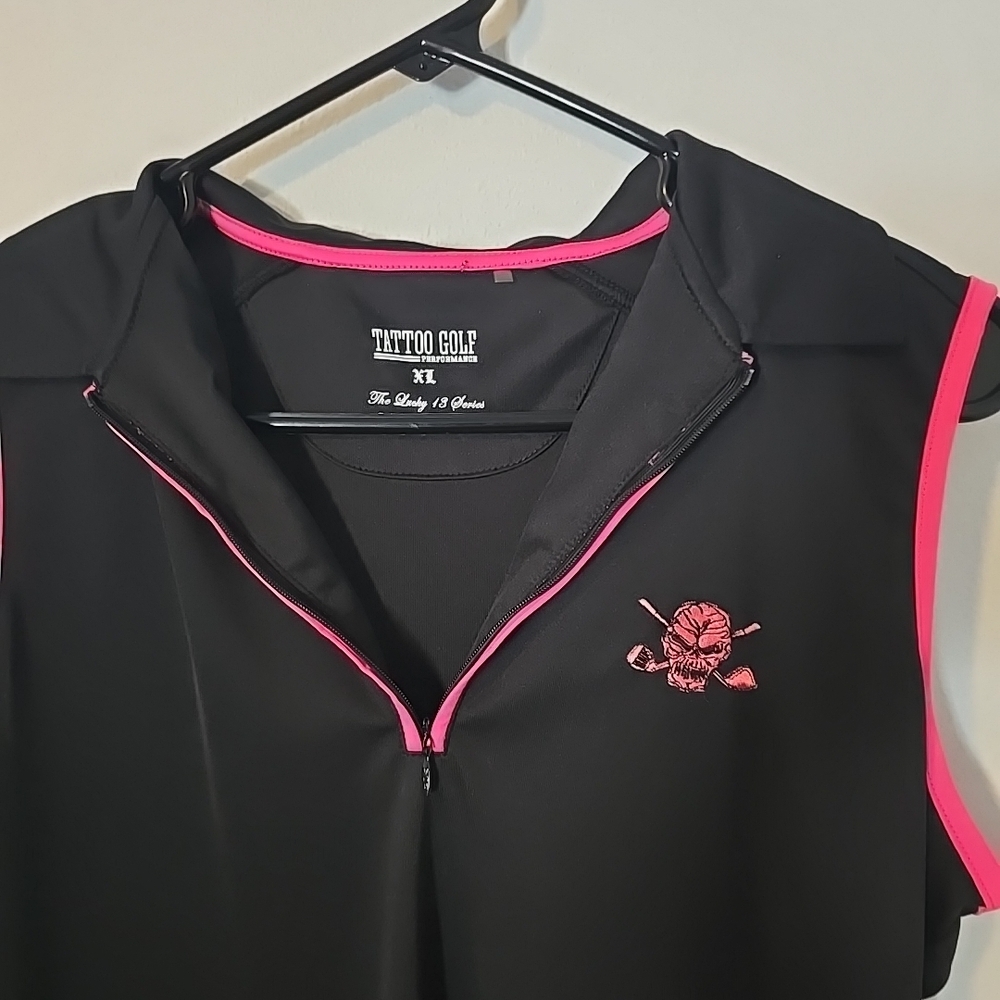 Tattoo Golf Sleeveless Cool Stretch Womens Golf Shirt Black Pink Lucky 13 Skull - Picture 2 of 3